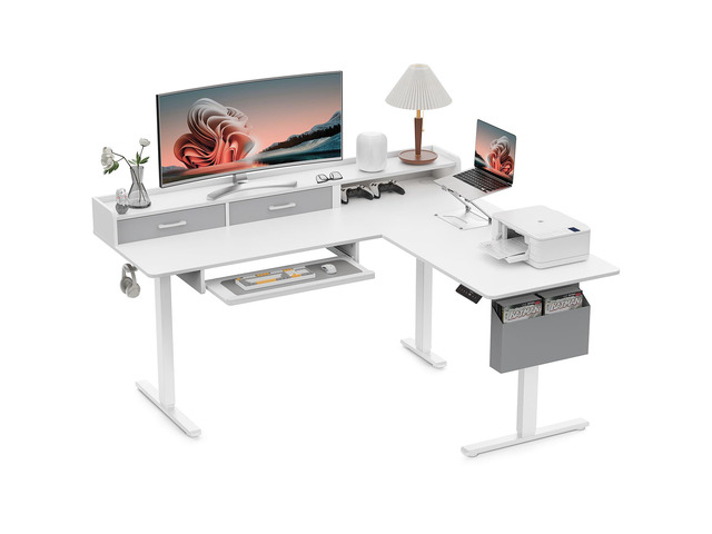 63 Inches Height Adjustable L Shaped Standing Desk with 2 Drawers and Keyboard Tray, Electric Sit to Stand Home Office Comupter Table, Ergonomic...