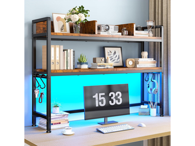 2-Tier Desk Shelf, LED, Bedroom and Home Office, Rustic Brown Students & Renters, Wood & Steel, Holds 44 lbs & 33 lbs per Tier, Adjustable Shelf,...