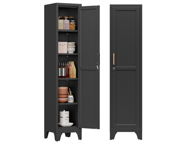 67'H Black Metal Locker with 1 Lockable Door and 4 Adjustable Shelves For Employees, 5 Tier Narrow Storage Cabinet with Detachable Legs and Vintage...