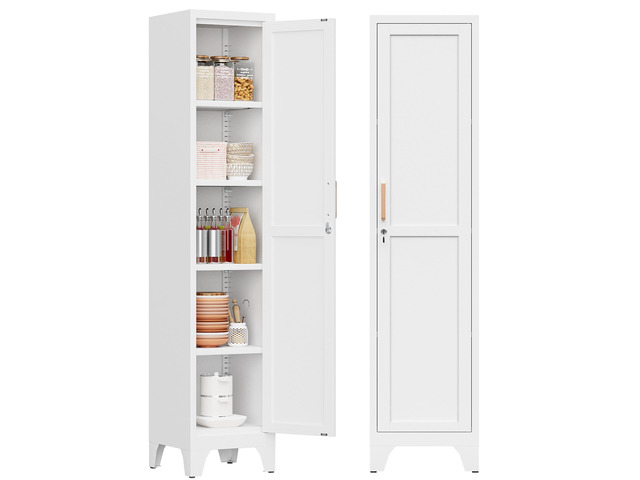67'H White Metal Locker with 1 Lockable Door and 4 Adjustable Shelves For Employees, 5 Tier Narrow Storage Cabinet with Detachable Legs and Vintage...