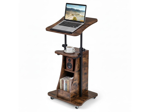 Mobile Lectern Podium, Height Adjustable Podium Stand, Sit-to-Stand Desk with Tilting Tabletop & Storage Shelves, Rolling Laptop Cart Desk with...