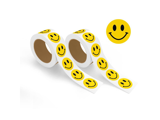 Happy Face Smile Stickers, 4' x 4' 1000 Stickers (2 Rolls of 500), Self-Adhesive Labels for Crafts, Labeling, Decorations, Rewards, Classrooms,...