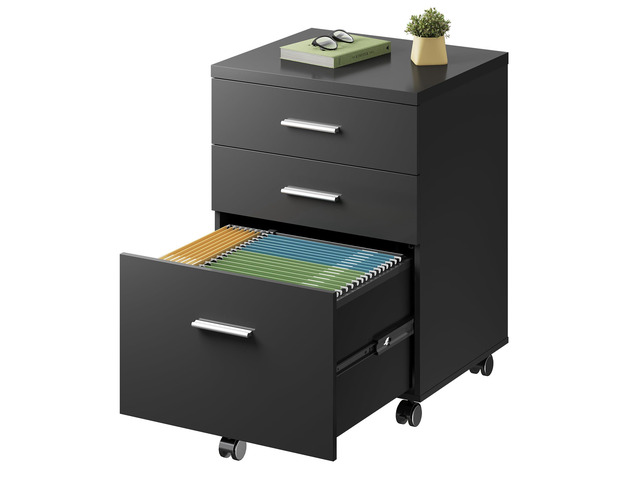 3 Drawer File Cabinet, Wood Under Desk Filing Cabinet, Black Rolling Printer Stand, Small Storage Cabinet with Wheels, Fits Legal/Letter/A4 Size,...