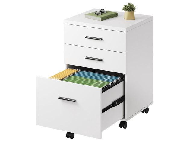 3 Drawer File Cabinet, Wood Under Desk Filing Cabinet, White Rolling Printer Stand, Small Storage Cabinet with Wheels, Fits Legal/Letter/A4 Size,...