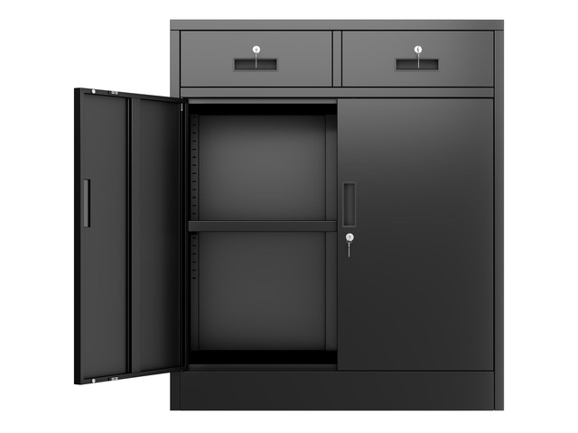 Metal Storage Cabinet, Garage Storage Cabinet with 2 Drawers and Adjustable Shelf, Locking Short Storage Cabinet for Office Garage Home, Black...