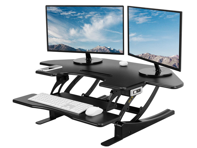 Black 43 in Electric Corner Desk Converter, DESK-V000VCE Large, Height Adjustable, Stand Up Desk Riser, Keyboard Tray, Dual Monitor and Laptop...