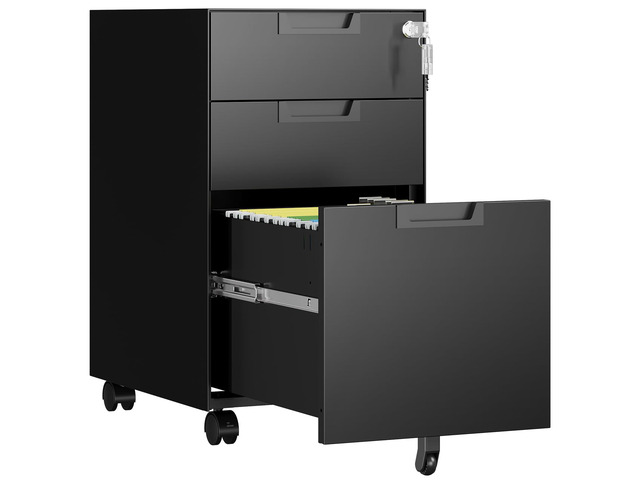 3 Drawer File Cabinet with Lock, Fully Assembled Metal Mobile Filing Cabinets for Home Office, Small Rolling File Caninet on Wheels for...