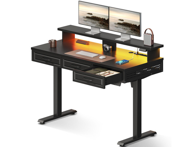 48 Inch Electric Standing Desk, Black, 3 Wood Drawers, Monitor Stand Power Outlet, LED Light, 3 Memory Presets, 29.9'-46.1' in Range, Cable...