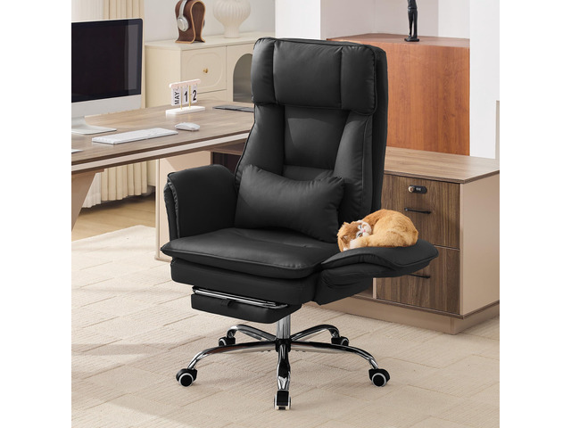 Big and Tall Office Chair, Footrest & Flip Armrest for Pets, PU Black Executive Ergonomic Criss Cross Chair, Reclining High Back Desk Chair,...