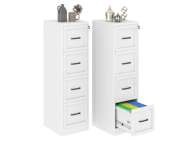 Metal Vertical File Cabinet with Lock, Home Office 4 Drawer Cabinet 4 Drawer Filing Cabinet, Beside Desk File Cabinet, White Lockable Storage...