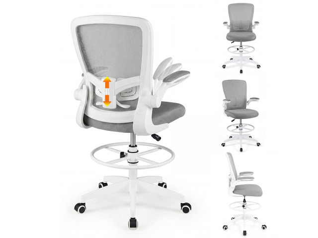 Ergonomic Tall Office Chair with Adjustable Footrest, Grey 2PCS Drafting Chair Mesh High Back Desk Chair, Flip-up Armrests, 3IN 3D Foam Cushion,...