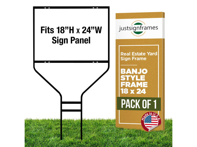 Real Estate Steel Banjo-Style Rod Sign Frame, 18 x 24 in, Black, 1 Pack Powder-Coated, Ground Mount, Rust-Resistant, Fits Aluminum & Corrugated...