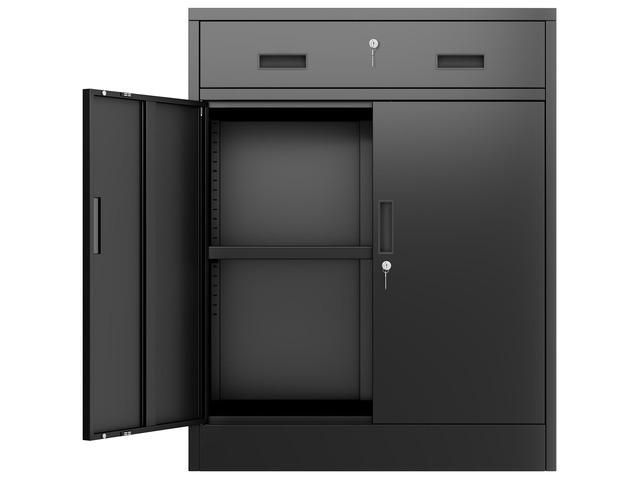 Metal Storage Cabinet, Garage Storage Cabinet with One Drawer and Adjustable Shelf, Locking Short Storage Cabinet for Office Garage Home, Black...
