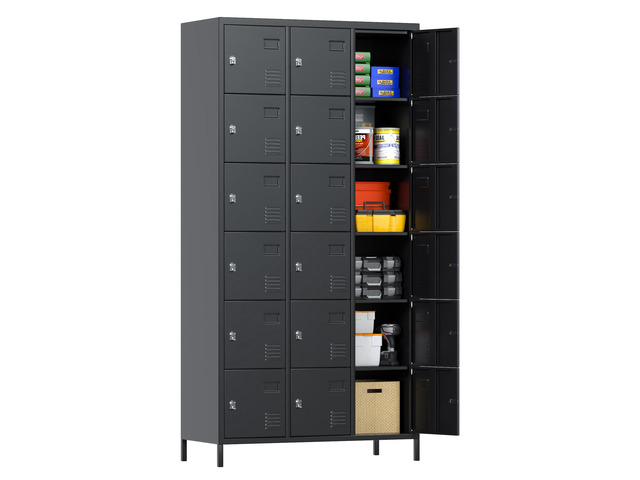 18-Door Metal Employee Locker with Padlock Hasps, Black 72'H x 35.4'W x 15.75'D steel locker with vented doors, name card slots, raised legs and...