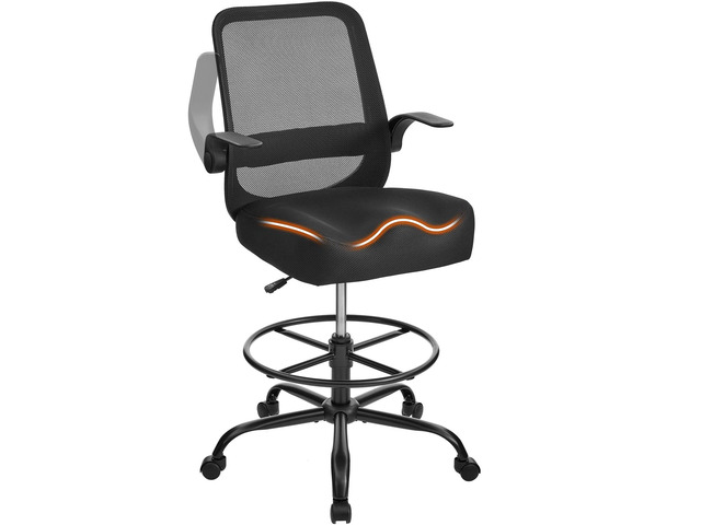 Drafting Chair for Standing Desks, 500LBS Capacity Tall Office Chair with Adjustable Height, Foot Ring, Flip-Up Armrests, Thick Curved Seat for...