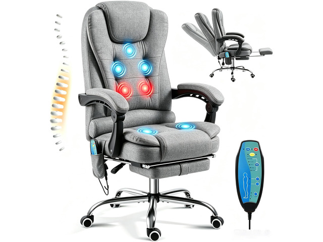 Massage Office Chair w/Heat Function & Footrest 7 Points Massage Office Chair Ergonomic Office Chair Linen Executive Home Desk Chair, High Back, Grey