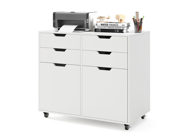 White File Cabinet with 4 Drawers and 2 Doors Under Desk Mobile Storage Organizer, Wooden Printer Stand on Wheels, 29' Lateral Filing Cabinet for...