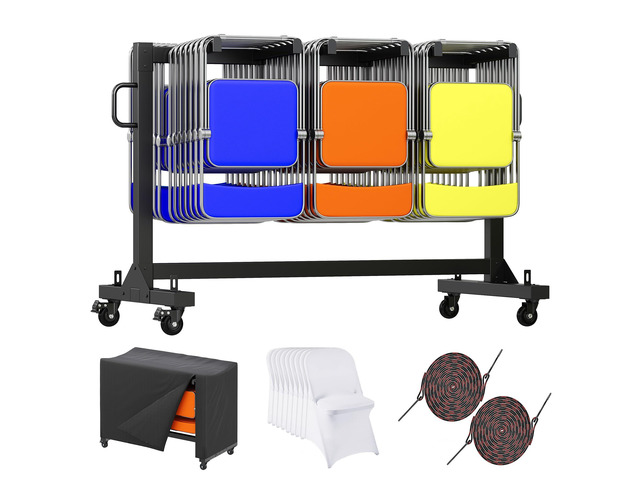 Folding Chair Rack for 12 Tables or 42 Chairs Heavy-Duty Chair Cart with 550 LBS Capacity, 30 Chair Covers, Wheels, Elastic Cords and Cover,...