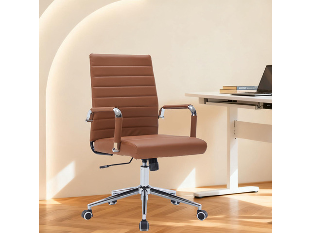 Office Desk Chairs with Wheels, Executive Swivel Rolling Faux Leather Computer Chair with Comfortable Lumbar Support for Home Office(Mid Back, Brown)