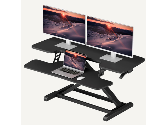 40' Desk Converter, Height Adjustable Sit to Stand Riser, Dual Monitor and Laptop Workstation with Wide Keyboard Tray, Modern Minimalist Design, Black