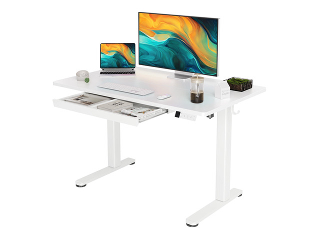 Electric Standing Desk 48 x 24 Inch with Drawer White Industrial steel frame supports 176 lbs, 28.3 to 46.5 inch height range, quiet 45 dB motor,...