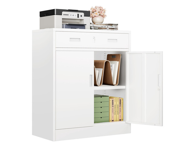 Metal Storage Cabinet, Locking Storage Cabinet with 1 Drawer and Adjustable Shelf, 36' H x 28' W x 16' D White Metal Cabinets for Office, Home, Garage