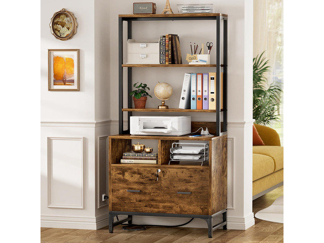 Vertical File Cabinet with Shelves and Charging Station Filing Cabinet Bookshelf with Lock & Large Drawer, Printer Stand with Office Storage...