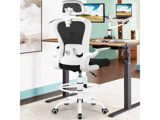 Drafting Chair, Tall Office Chair with 3D Lumbar & Head Support Ergonomic Mesh Standing Desk Chair with Footrest Ring, Comfy Extended High Desk...