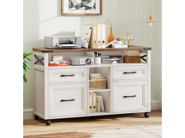 Farmhouse Filing Cabinet with Adjustable Shelf & Wheels, Off White Lateral File Cabinets, Office Storage Cabinet with 4 Drawers, Open Storage...