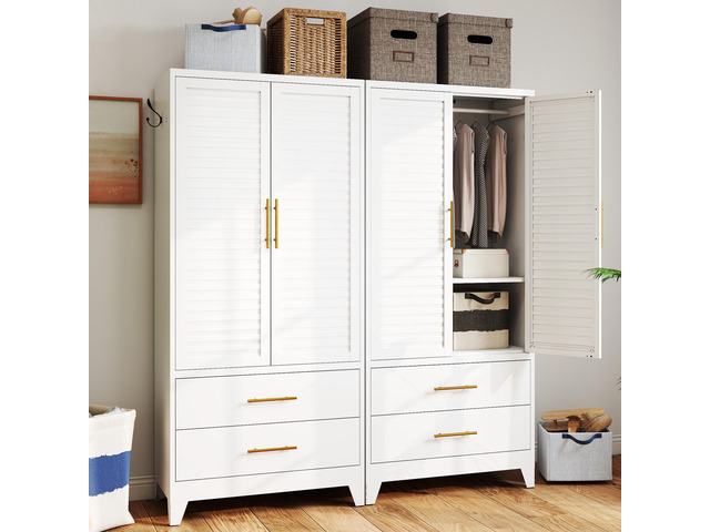 71' Tall Metal Armoire Wardrobe Closet with 2 Doors and 2 Drawer Louvered Design,Clothes Cabinet with Adjustable Shelves & Hanging Rod,Storage...