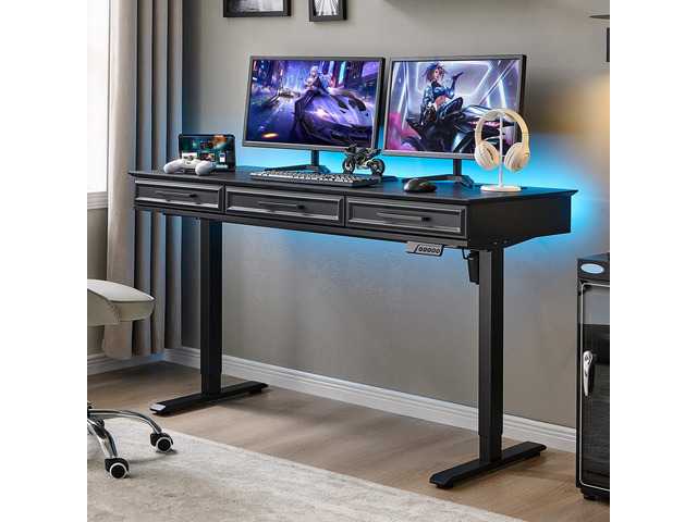 Electric Standing Desk w/3 Drawers, 55x22 Wood Computer Desk,Black Wood Adjustable Height Computer Desk w/One-Piece Desktop, Sit to Stand...