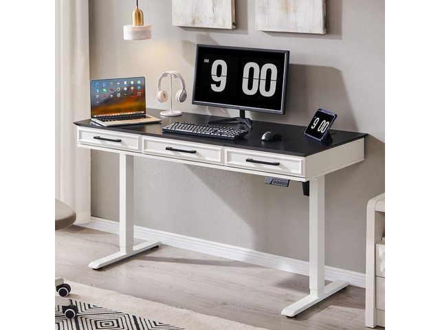 Electric Standing Desk w/3 Drawers, 55x22 Wood Computer Desk,White Wood Adjustable Height Computer Desk w/One-Piece Desktop, Sit to Stand...