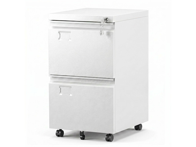 2-Drawer White Mobile File Cabinet with Lock and Casters Metal under-desk cabinet for Letter and Legal files, with five casters, two locking...