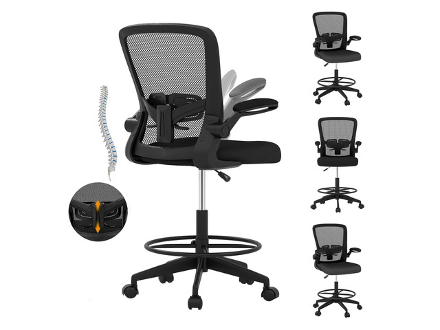 Ergonomic Tall Office Chair with Adjustable Footrest, Black 1PCS Drafting Chair Mesh High Back Desk Chair, Flip-up Armrests, 3IN 3D Foam Cushion,...