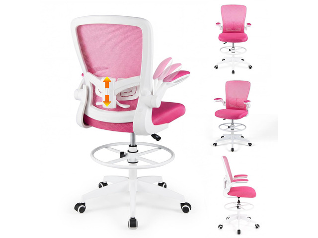 Ergonomic Tall Office Chair with Adjustable Footrest, Rose Red 2 Drafting Chair Mesh High Back Desk Chair, Flip-up Armrests, 3IN 3D Foam Cushion,...