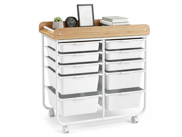 Rolling Cart with Drawers, 10 Drawer Rolling Storage Cart with Wooden Tabletop, Metal Frame & Lockable Wheels, Craft Organizers and Storage for...