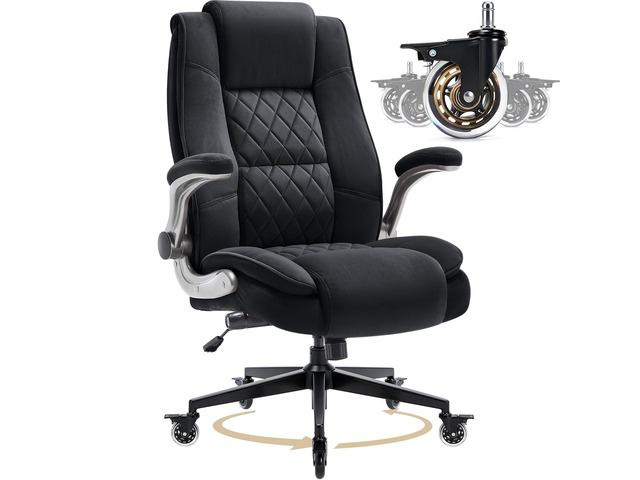 Fabric High Back Office Chair, Thick Padded Ergonomic Computer Desk Chair Lockable Quiet Casters, Adjustable Lumbar Support & Flip-Up Arms,...