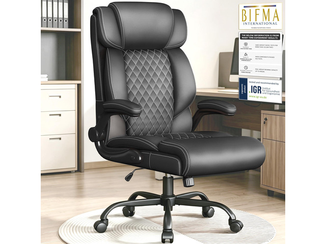 Office Chair-Big and Tall Office Chair,Executive High Back Breathable Flip-up Armrests Lumbar Support-Ergonomic Leather Rolling Swivel Chair with...
