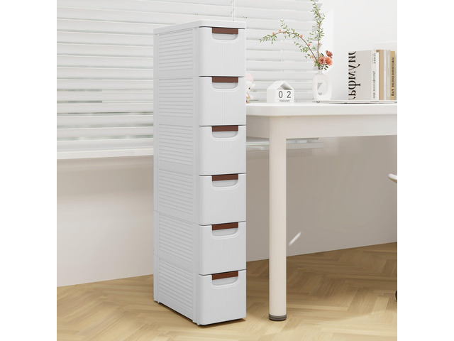 6-Drawer Plastic Storage Cart, Narrow Organizer Rolling Cart with 4 Wheels, Space-Saving Slim Mobile Utility for Bathroom, Office & Classroom