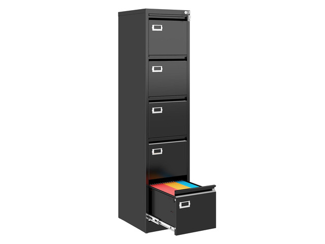 5 Drawer File Cabinet, Black Metal Filing Cabinets with Lock Name Card Holder, Metal Vertical Filing Cabinets for Home Office, Steel Storage...