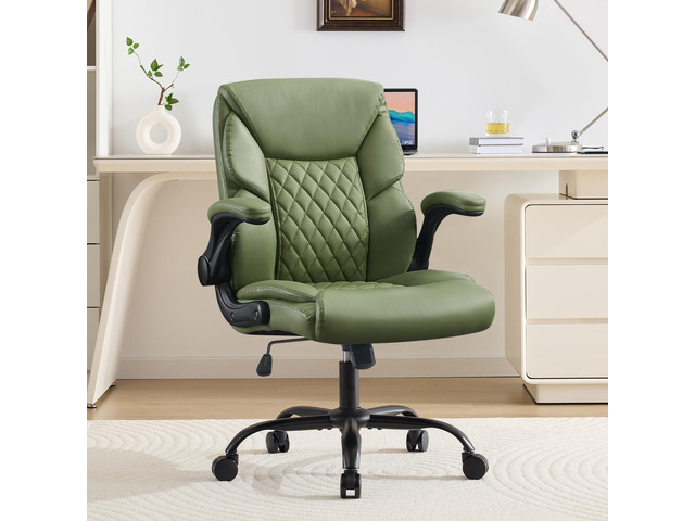 Leather Executive Office Chair - Comfy Green Desk Chair Small Space Desk Chair with Mid Backrest,5 Wheels,Mid Backrest,Lumbar Support, Height...