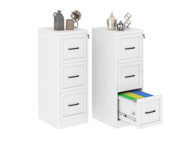 Metal Vertical File Cabinet with Lock, Home Office 3 Drawer Cabinet 3 Drawer Filing Cabinet, Beside Desk File Cabinet, White Lockable Storage...