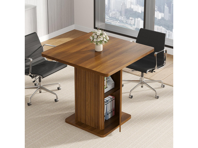 Small Square Conference Table for 2-4 People, 31.5 Inch, Walnut Modern Meeting Room Table with Fluted Doors, Wood 2-Tier Storage, Small Compact,...