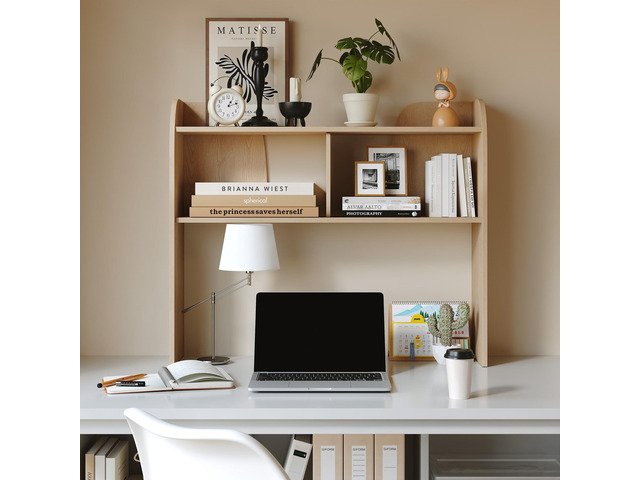 37' Wooden 3-Tier Desktop Bookshelf, Burlywood Rounded-Edge Desk Storage Organizer, Space-Saving Countertop Shelving Unit for Home, Office & Dorm
