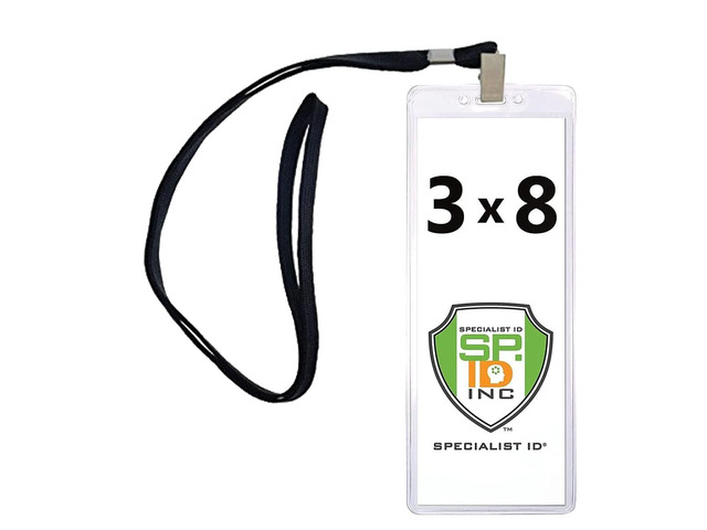Bulk 100 Pack - Heavy Duty 3X8 Ticket Badge Holder with Lanyard - Clear Plastic Extra Large Top Load Card Sleeve Protector for Concert, Season...