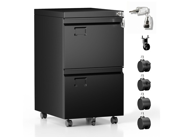2 Drawer Rolling Metal File Cabinet with Lock, 5 Wheels, Black Compact under-desk file cabinet for letter and legal files; 5-wheel rolling...