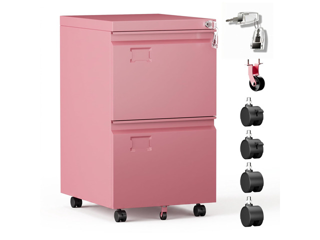 Pink 2 Drawer Metal File Cabinet with Lock and 5 Wheels Rolling under-desk cabinet for Letter and Legal files; 5 casters, lock, steel...