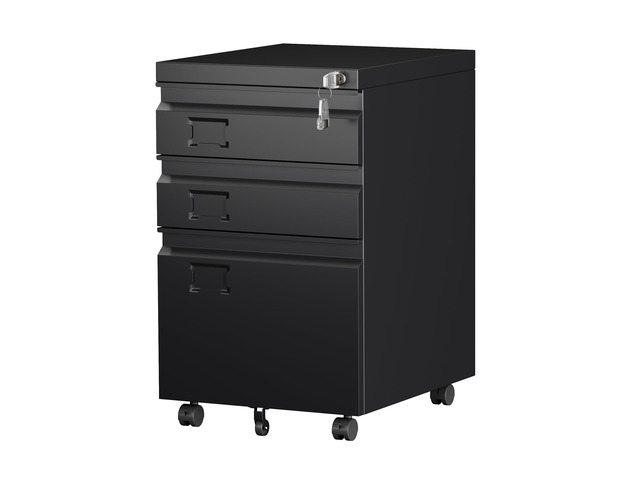 3 Drawer Metal File Cabinet with Lock and 5 Wheels, Black For letter and legal files under desks; rolling office storage with assembly required