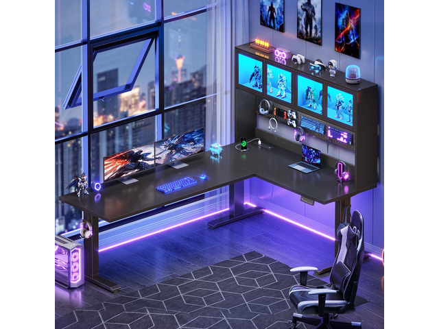 67' Standing L Shaped Gaming Desk, Office Computer Desk with Storage Hutch, Stand Up Corner Desk with Pegboard & Led Lights for Home Office, Black