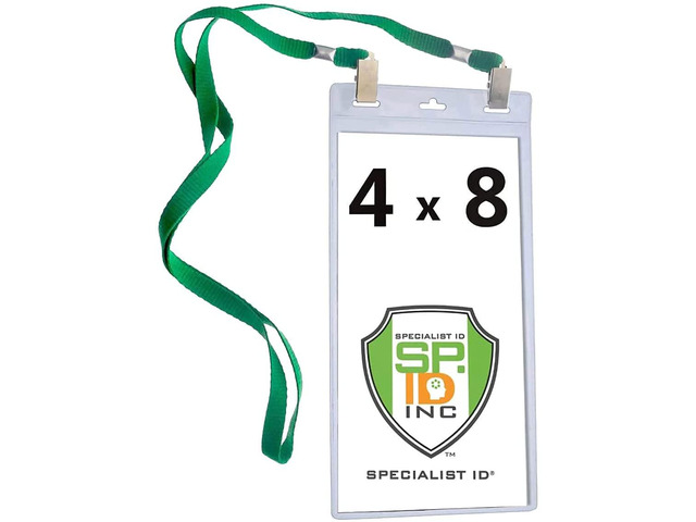 Bulk 25 Pack - 4 x 8 Inch Extra Large Ticket & Event Credential Badge Holders with Double Sided Lanyards with Two Bulldog Clips, by (Green)